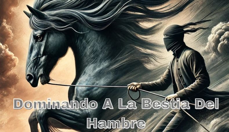 Jinete enmascarado dominando por medio de riendas a un briosos caballo azabache quien simboliza al hambre
