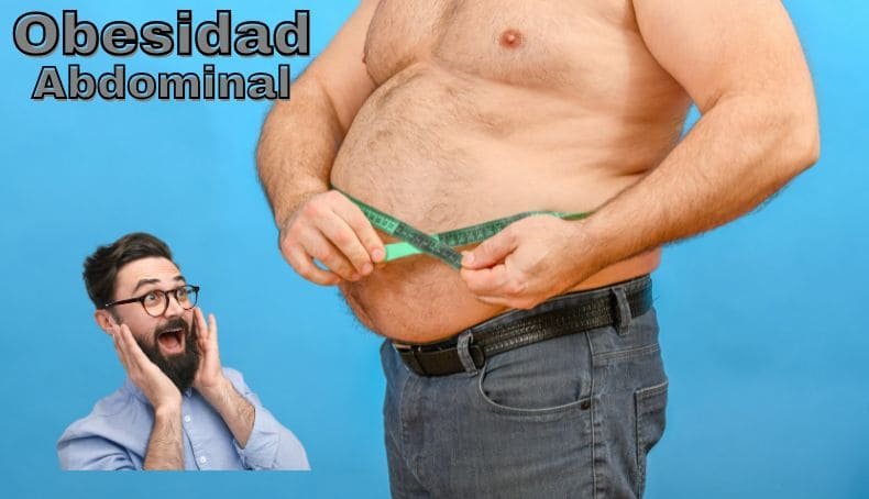 Hombre con Obesidad Abdominal midiendo su cintura con una cinta métrica