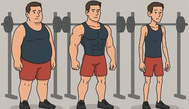 Transicion de un hombre con sobrepeso que pasa a musculado y luego a sin musculos debido al catabolismo